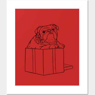 Illustrated cute english Bulldog jumping out of a present box Posters and Art